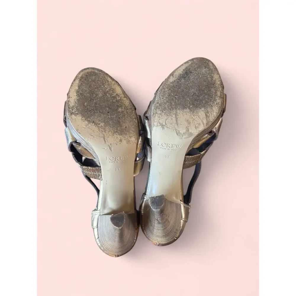 J.Crew Gold Metallic Leather Woven Peep Toe Buckle Heels Women’s Size 8.5